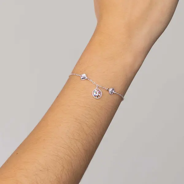 Pulseira Prata Leve Corações e Árvore da Vida Colorida
