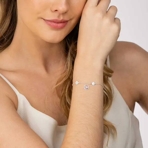 Pulseira Prata Leve Corações e Árvore da Vida Colorida