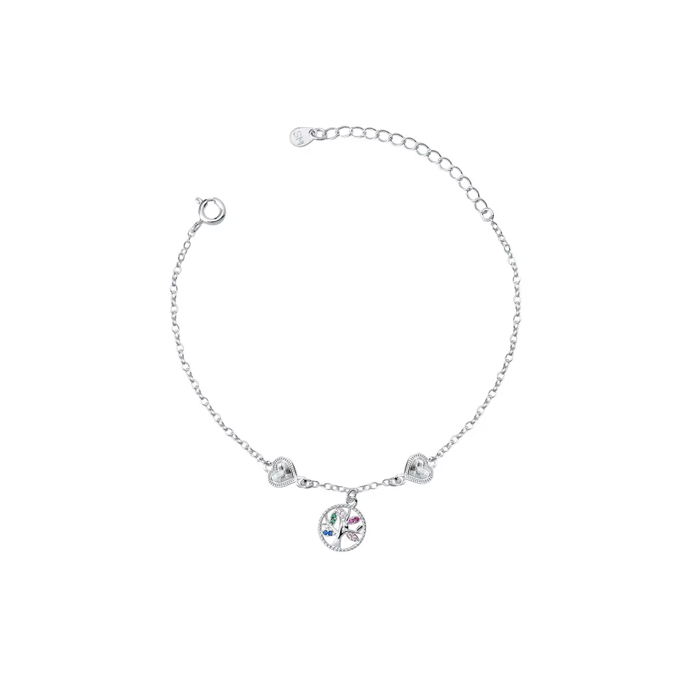 Pulseira Prata Leve Corações e Árvore da Vida Colorida