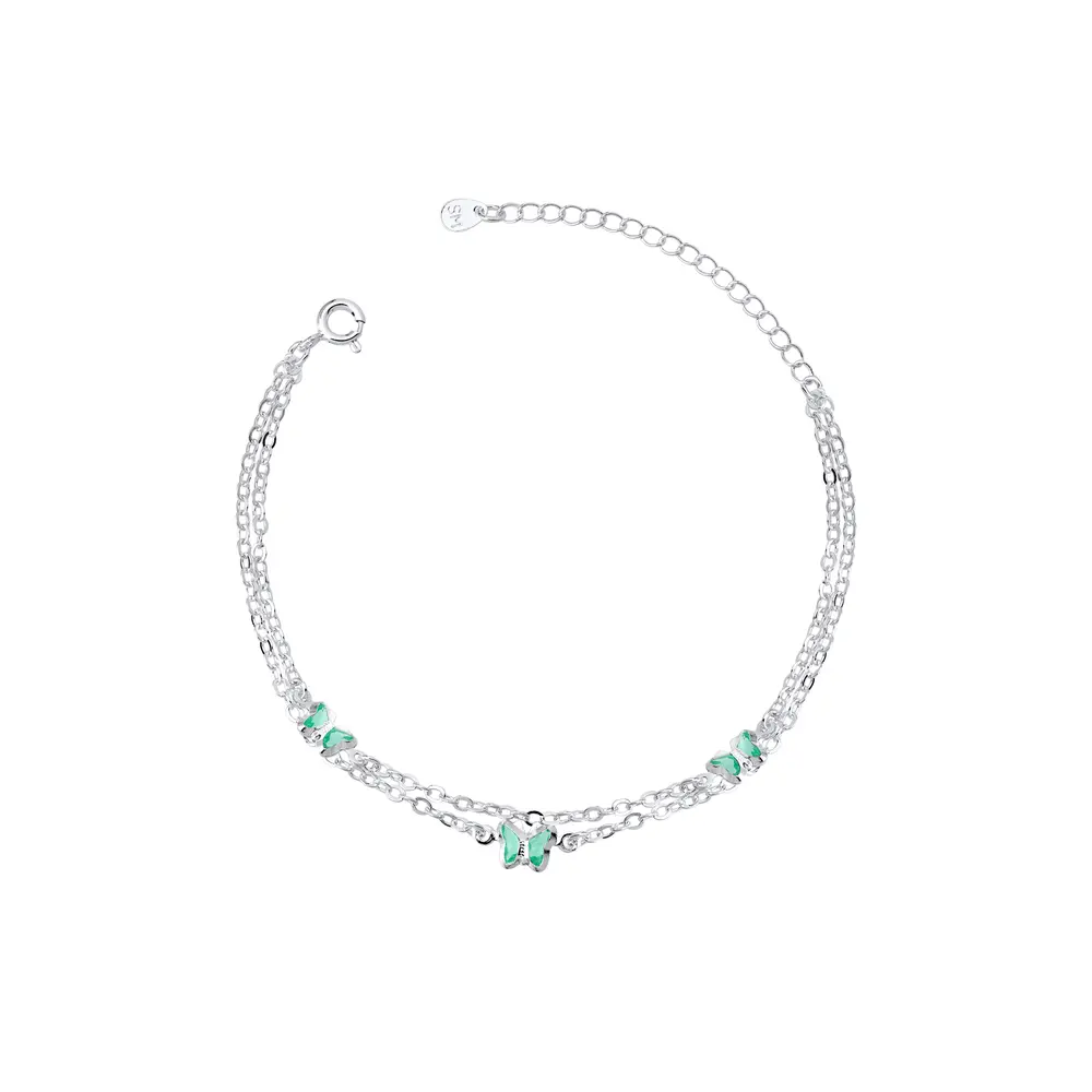 Pulseira Prata Leve Dupla Borboletas Verdes