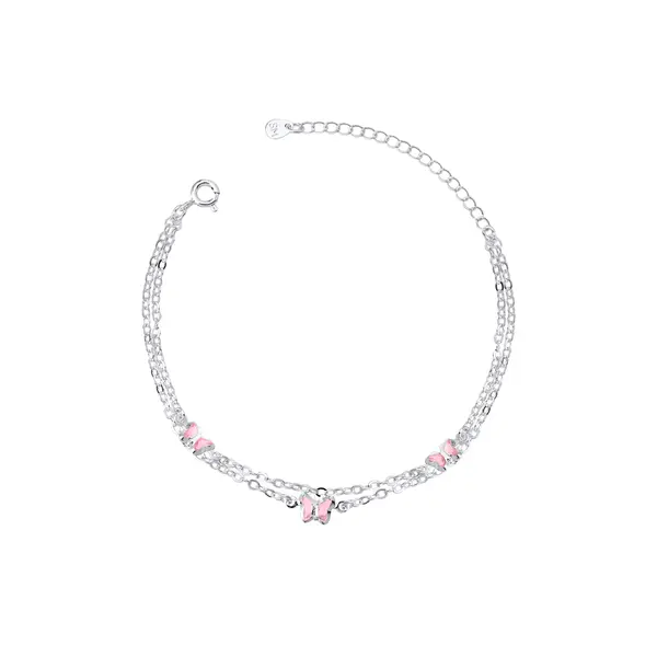 Pulseira Prata Leve Dupla Borboletas Rosas