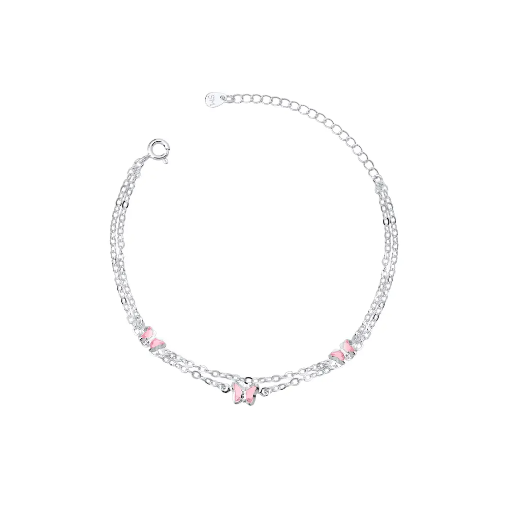 Pulseira Prata Leve Dupla Borboletas Rosas