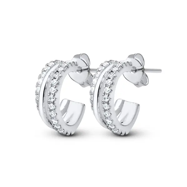 Brinco Prata Leve Meia Argola Trançada com Zircônias