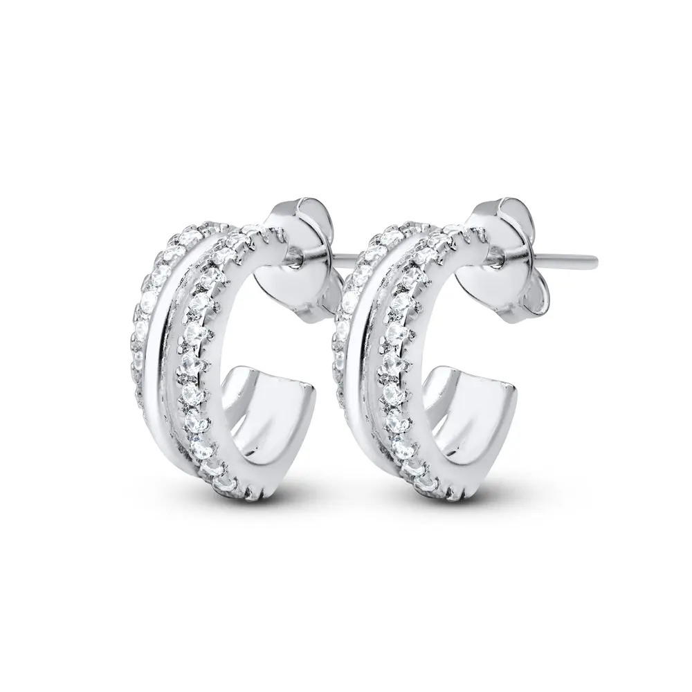 Brinco Prata Leve Meia Argola Trançada com Zircônias