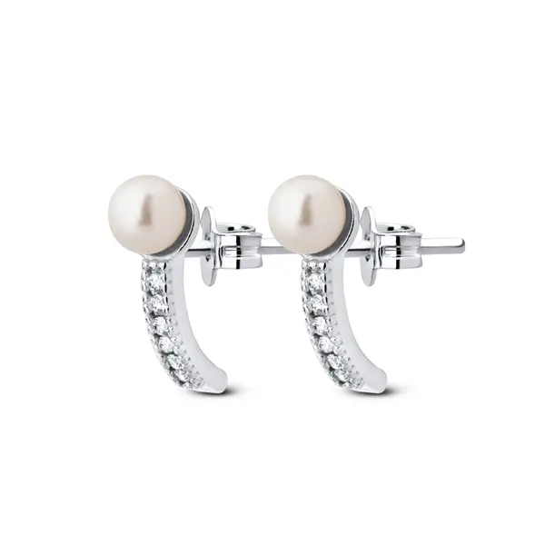 Brinco Prata Meia Argola com Zircônias e Pérola na Ponta