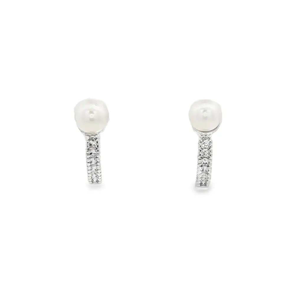 Brinco Prata Meia Argola com Zircônias e Pérola na Ponta