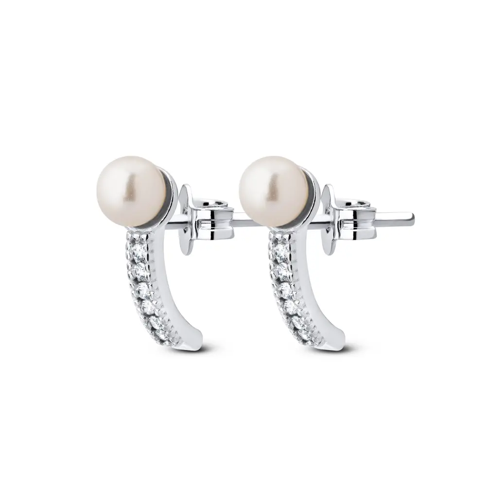 Brinco Prata Meia Argola com Zircônias e Pérola na Ponta