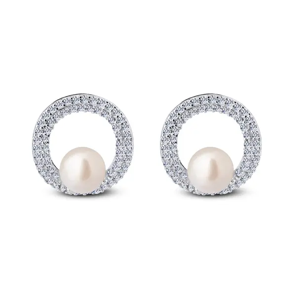 Brinco Prata Leve Círculo com Zircônias e Pérola