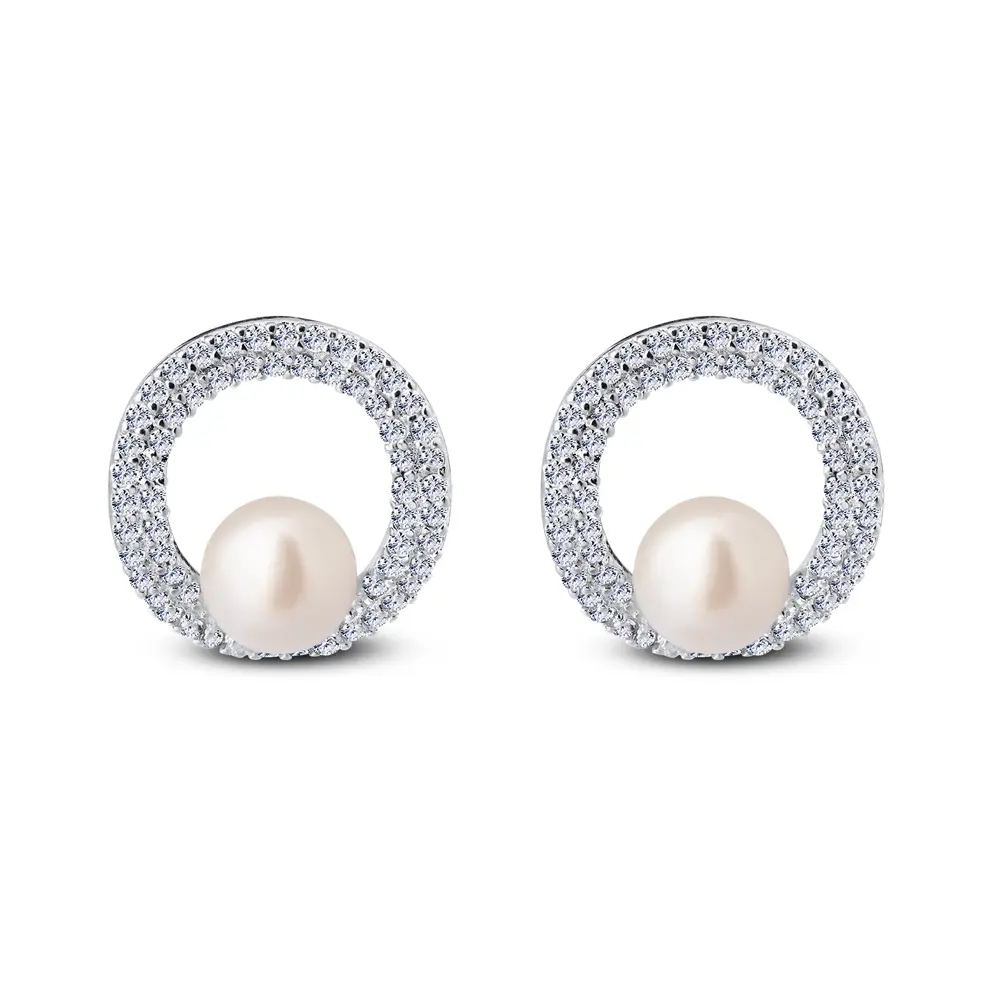 Brinco Prata Leve Círculo com Zircônias e Pérola