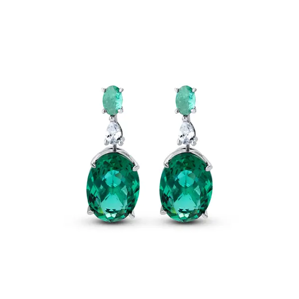 Brinco Banho de Ródio Zirconia Oval Grande Verde