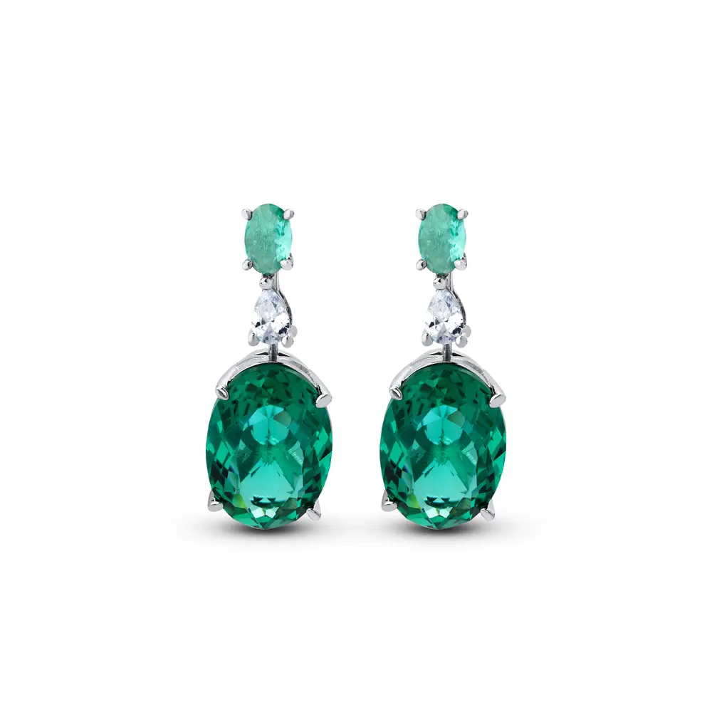 Brinco Banho de Ródio Zirconia Oval Grande Verde