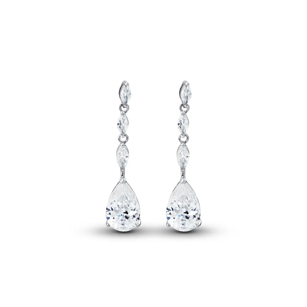 Brinco Banho de Ródio Gota em Zircônia Pendente