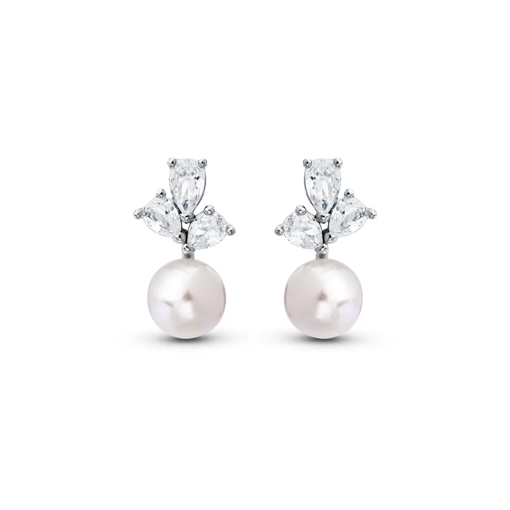 Brinco Banho de Ródio Zircônias e Pérola