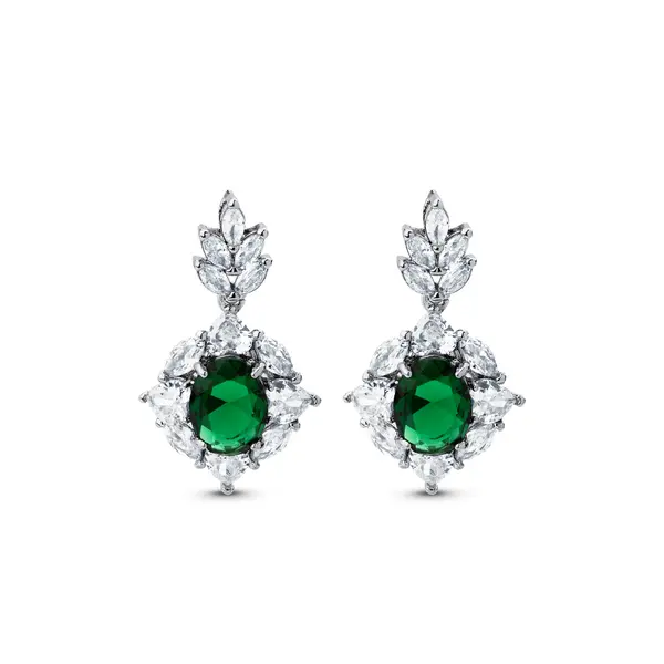 Brinco Banho de Ródio Zircônias Brancas e Central Verde