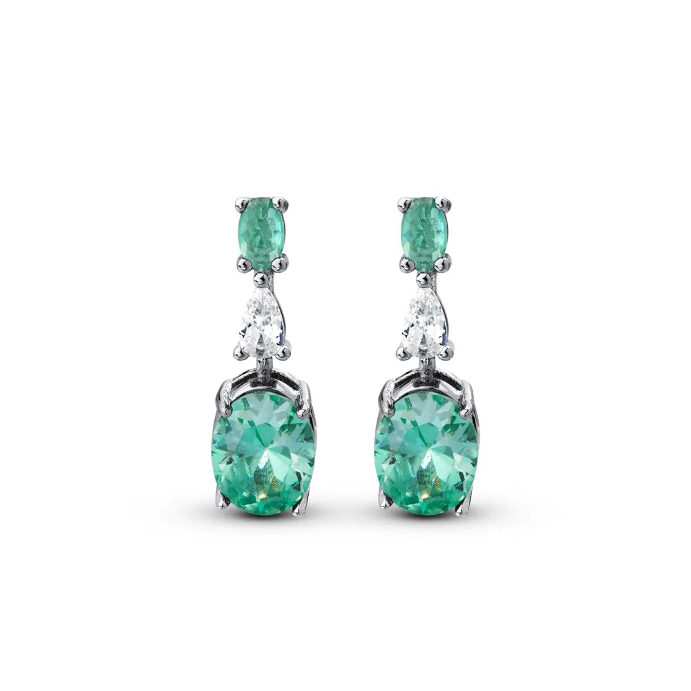 Brinco Banho de Ródio Zircônia Oval Verde
