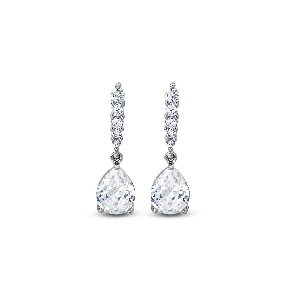 Brinco Banho de Ródio Cravejado e Gota em Zircônia Pendente