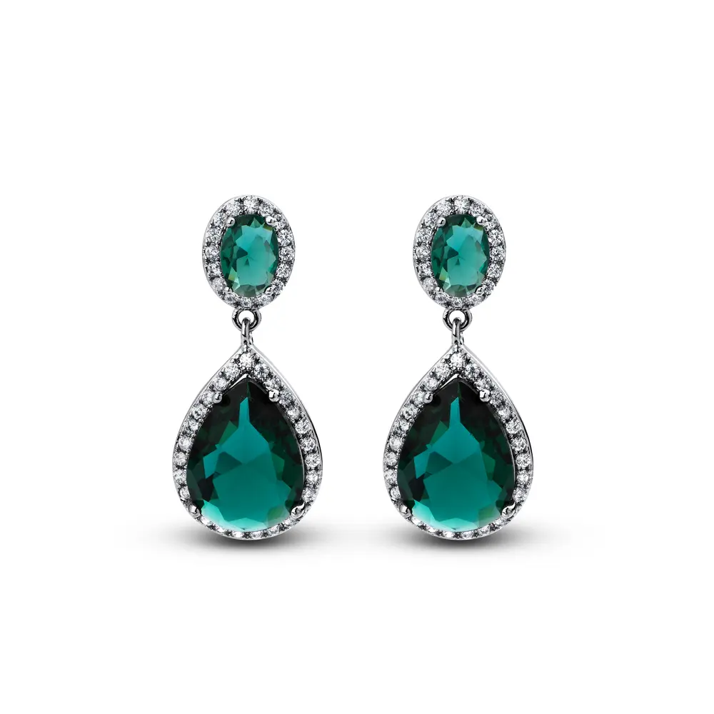 Brinco Banho de Ródio Gota Cravejada Grande Verde