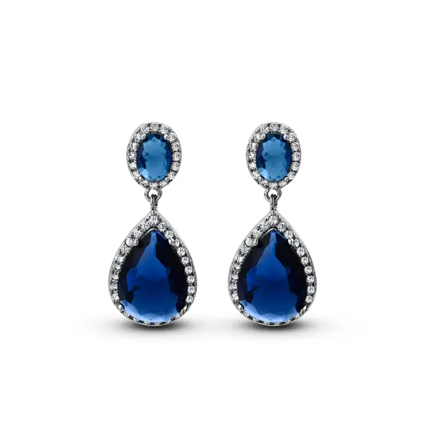 Brinco Banho de Ródio Gota Cravejada Grande Azul