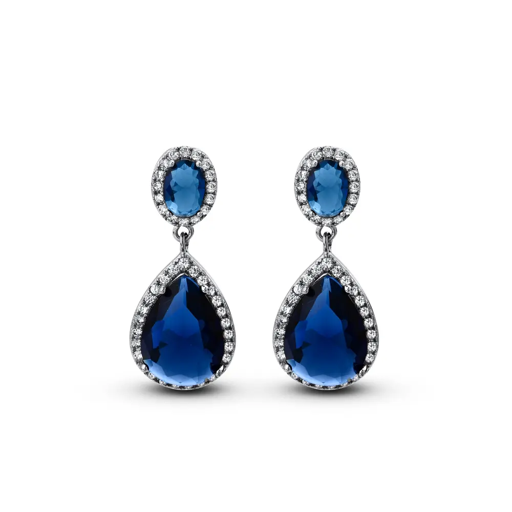 Brinco Banho de Ródio Gota Cravejada Grande Azul