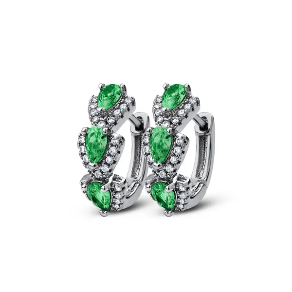 Brinco Banho de Ródio Argola Click Três Gotas Cravejadas Verdes