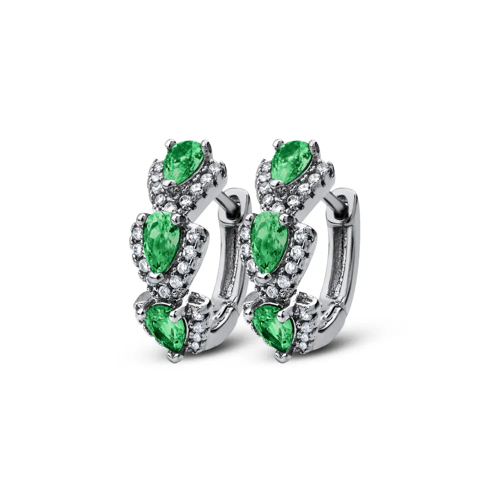 Brinco Banho de Ródio Argola Click Três Gotas Cravejadas Verdes