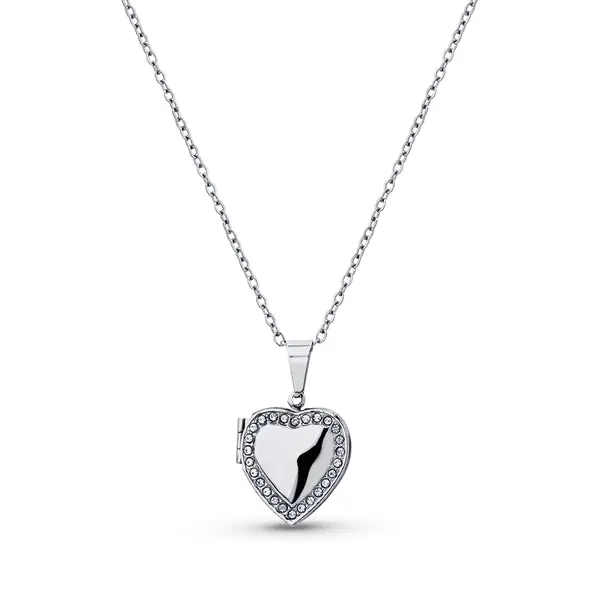 Colar Relicário Aço Coração Com Zircônias Grande