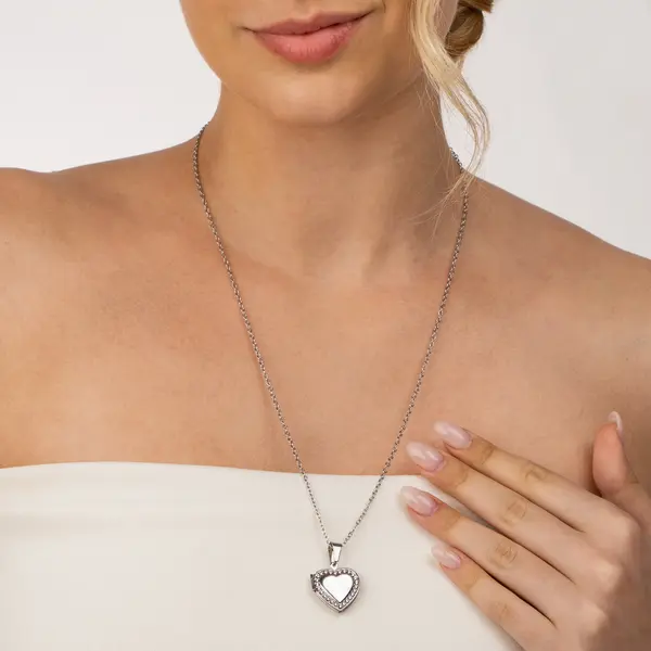 Colar Relicário Aço Coração Com Zircônias Grande