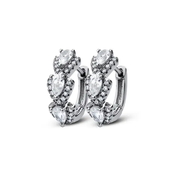 Brinco Banho de Ródio Argola Click Três Gotas Cravejadas Brancas