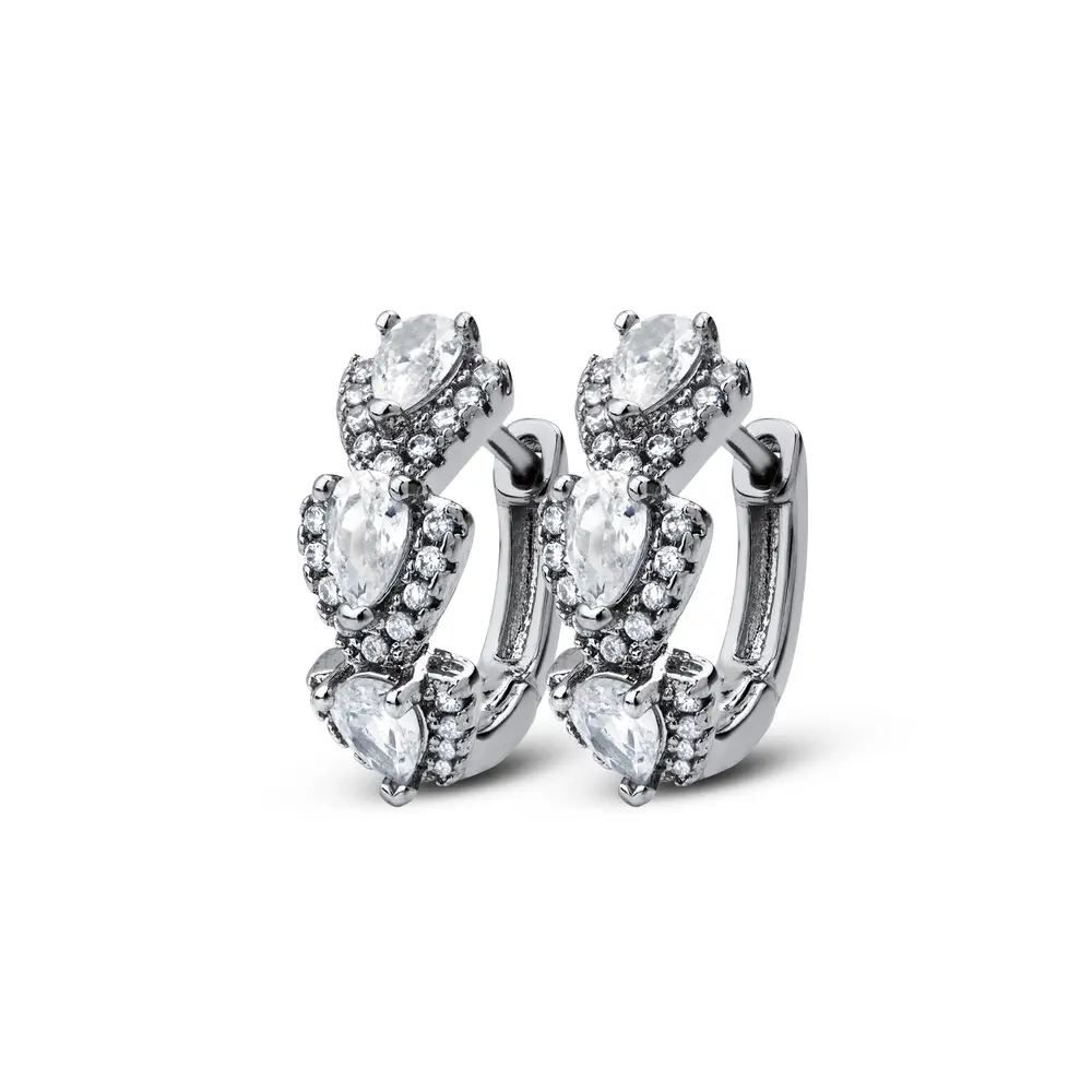 Brinco Banho de Ródio Argola Click Três Gotas Cravejadas Brancas