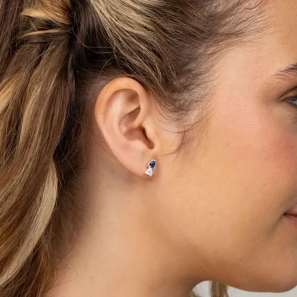 Brinco Prata Dois Corações Zircônia Branca e Azul