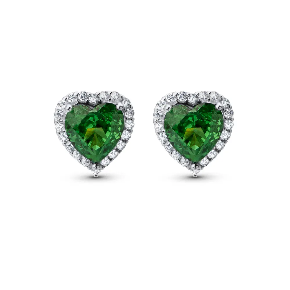 Brinco Prata Coração Cravejado Grande Zircônia Verde