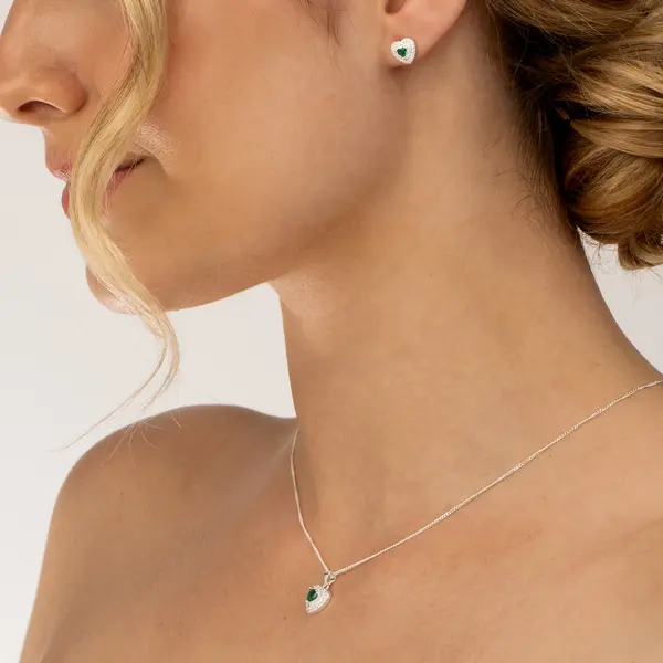 Conjunto Prata Coração Cravejado Zircônia Verde