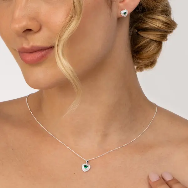 Conjunto Prata Coração Cravejado Zircônia Verde