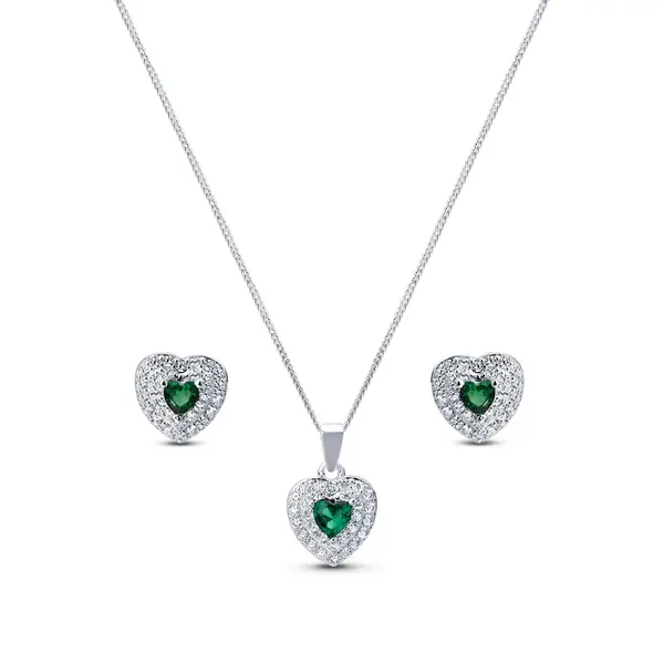 Conjunto Prata Coração Cravejado Zircônia Verde
