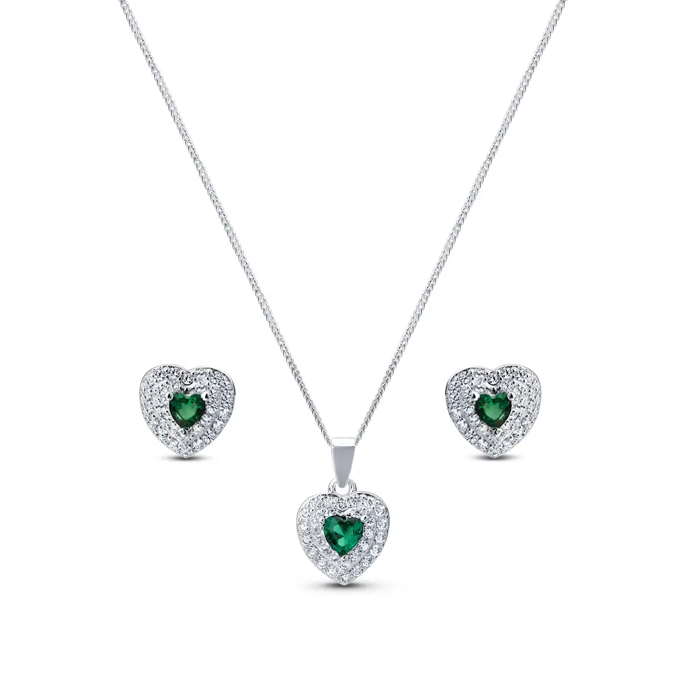 Conjunto Prata Coração Cravejado Zircônia Verde