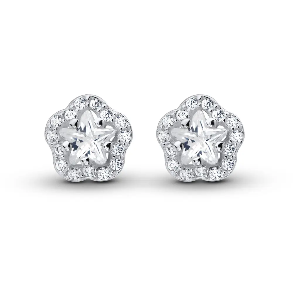 Brinco Prata Flor em Zircônias