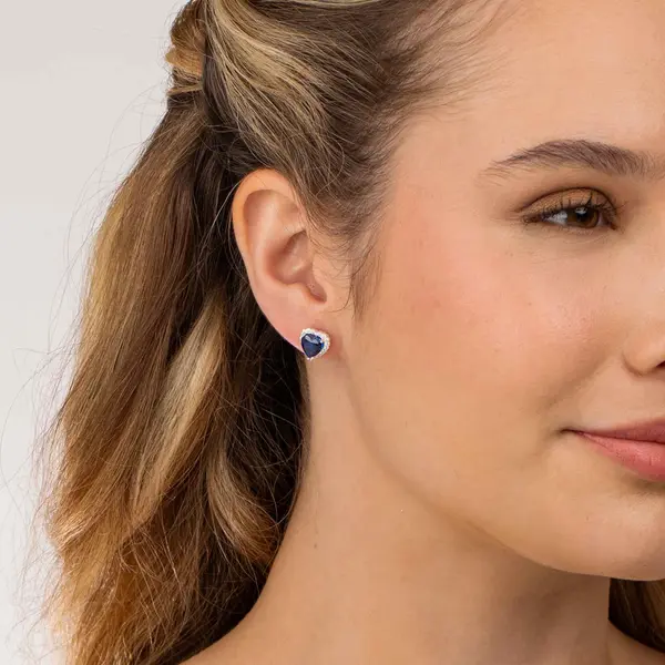 Brinco Prata Coração Cravejado Grande Zircônia Azul