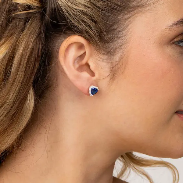 Brinco Prata Coração Cravejado Grande Zircônia Azul