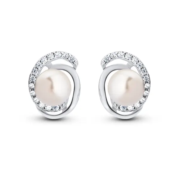 Brinco Prata Zircônias e Pérola Central