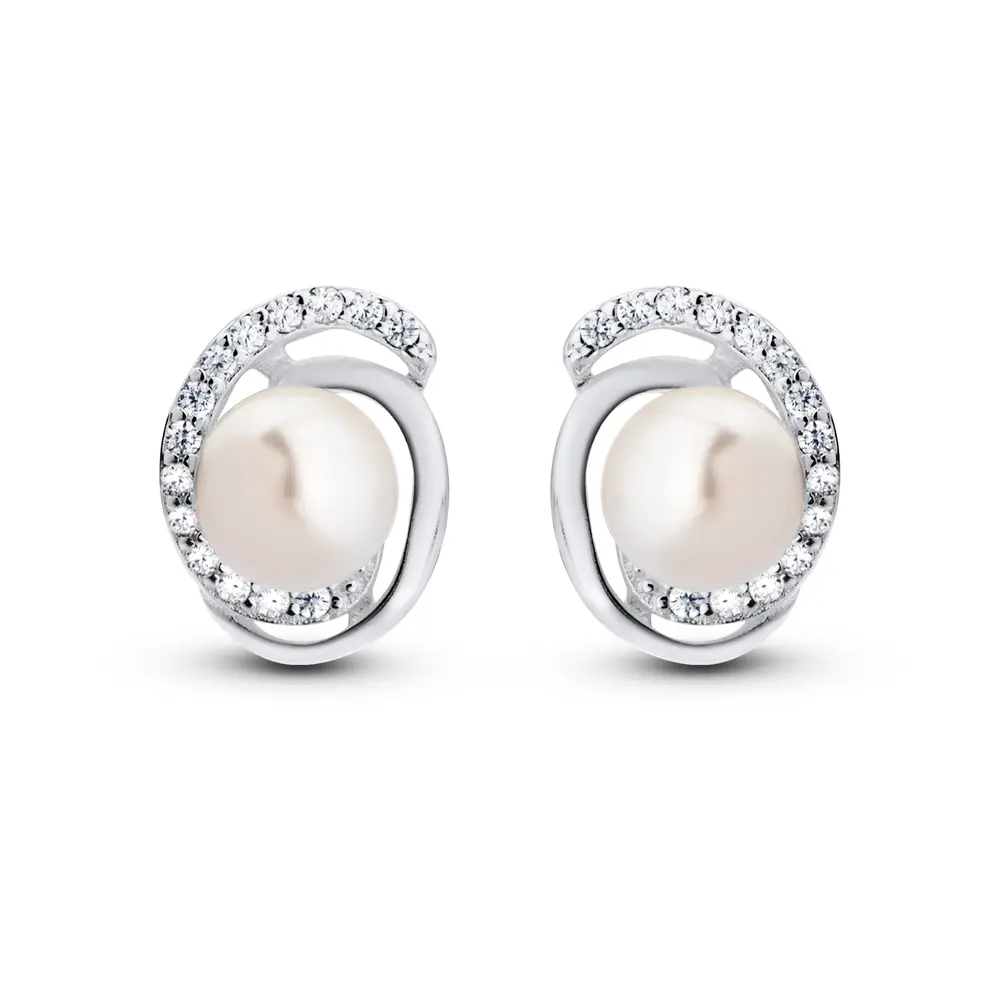 Brinco Prata Zircônias e Pérola Central