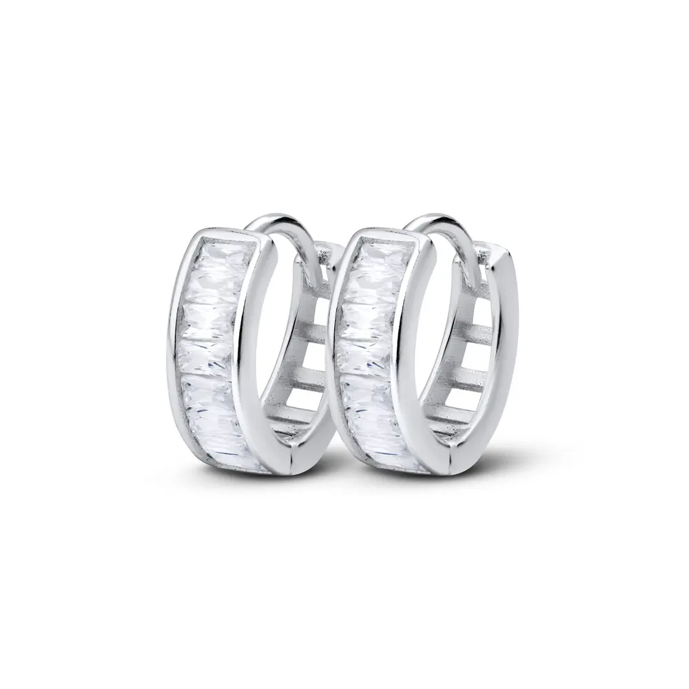 Brinco Prata Argola Click Zircônias Quadradas P