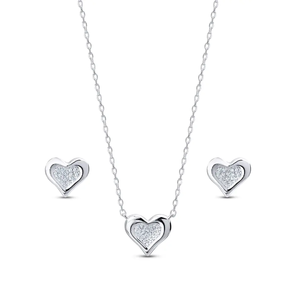 Conjunto Prata Coração Cravejado