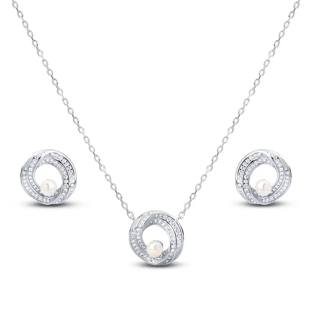 Conjunto Prata Zircônias e Pérola