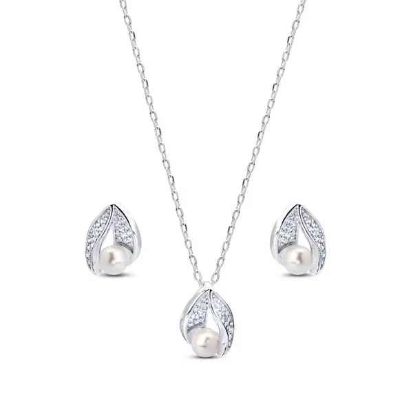 Conjunto Prata Folha Cravejada com Pérola