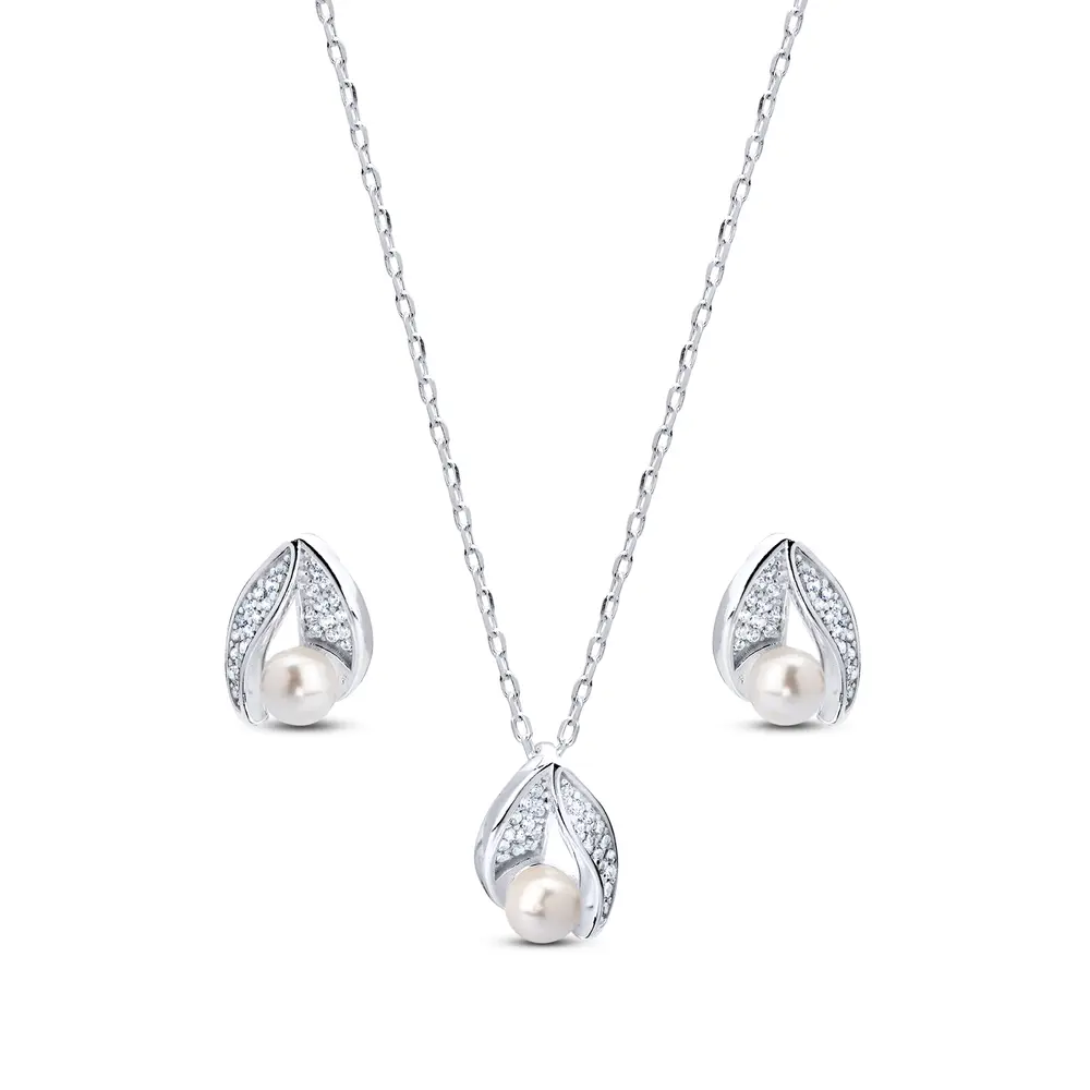 Conjunto Prata Folha Cravejada com Pérola