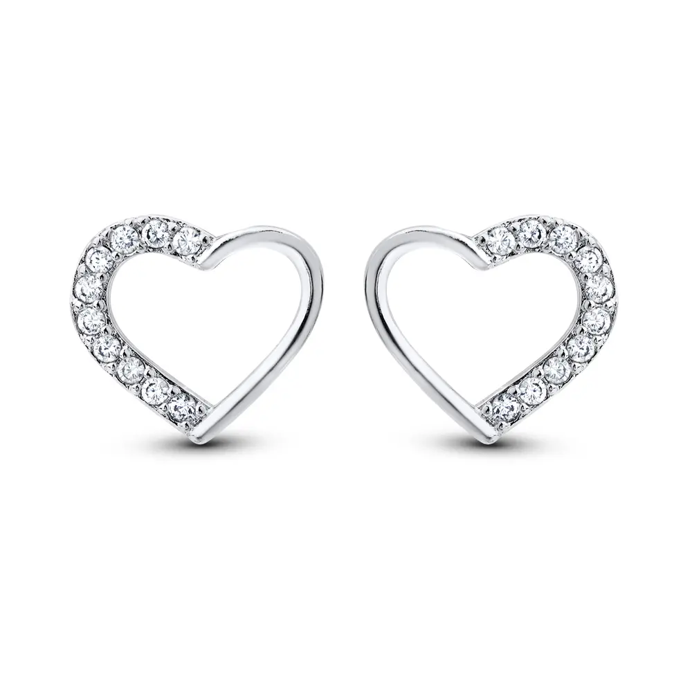 Brinco Prata Leve Coração Metade com Zircônias
