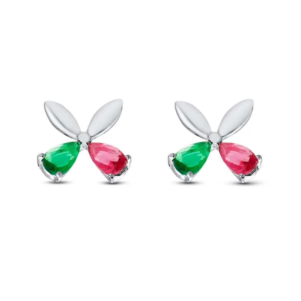 Brinco Prata Leve Borboleta Zircônia Rosa e Verde