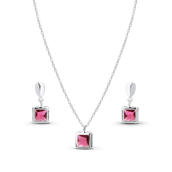 Conjunto Prata Leve Zircônia Quadrada Rosa