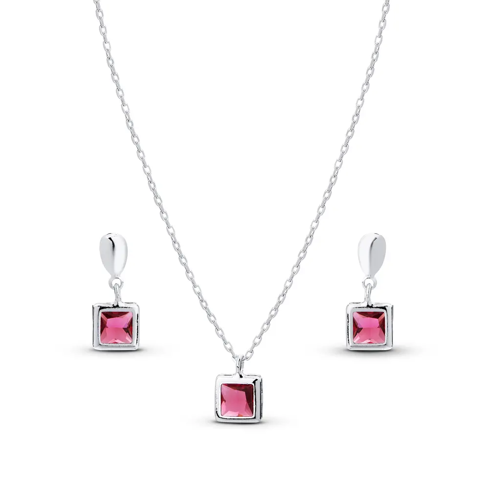 Conjunto Prata Leve Zircônia Quadrada Rosa