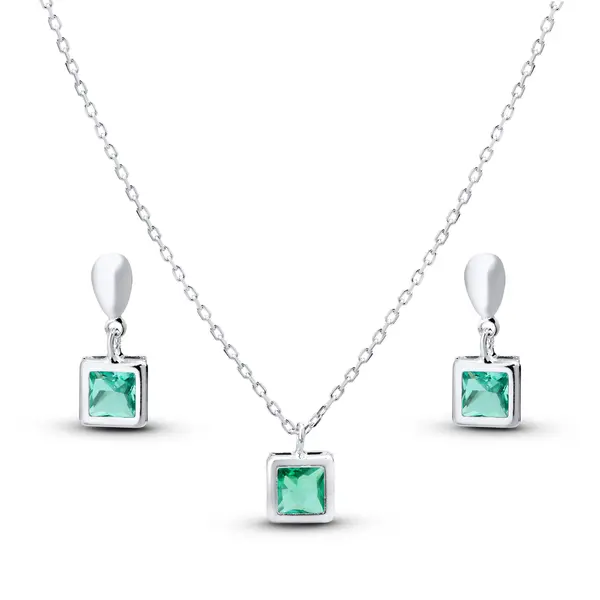 Conjunto Prata Leve Zircônia Quadrada Verde